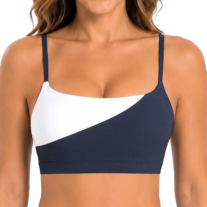 Sunzel Colorblock Sports Bra for Women Adjustable Straps Padded Yoga Bra Scoop Neck Wireless Crop Top Low Impact Workout Gym