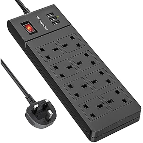 8 Way Extension Lead 2M, AUOPLUS Multi Plug Extension Lead with USB Slots, Plug Extension Sockets Power Strip, Wall Mountable Extension Cord with Black 2 Metre Long Extension Cable for Home Office Cover