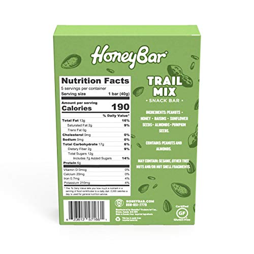 HoneyBar Snack Bar | Certified Gluten Free | Non-GMO | Vegetarian | 5 bars per box (Trail Mix)