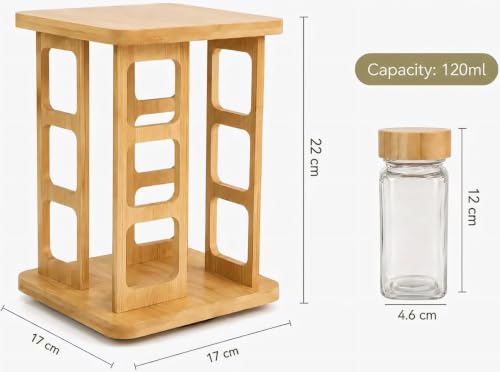 Image of 360 Rotating Spice Rack Organiser, 2-Tier Bamboo Stand with 8 Glass Jars, 250ml Each, BPA Free, Kitchen Storage (12 Glass Spice Jars & Bamboo Lids)