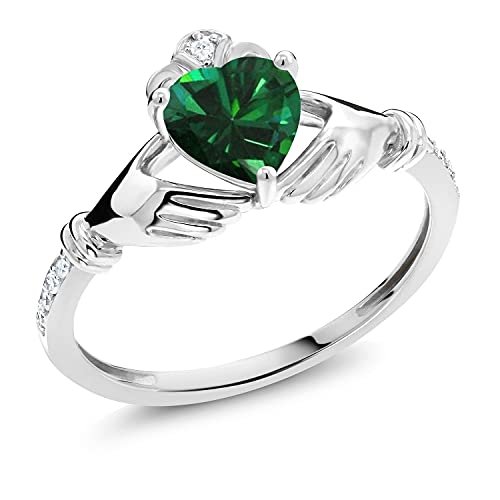 Gem Stone King 10K White Gold Green Simulated Emerald and White Diamond Irish Celtic Claddagh Ring (0.76 Cttw, Heart Shape 6MM, Available in size 5, 6, 7, 8, 9)