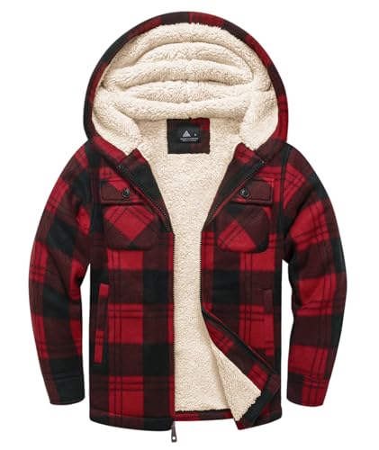 Image of V VALANCH Boys Flannel Jacket Hooded Fleece Lined Zip-up Hoodies Plaid Coat for Kids