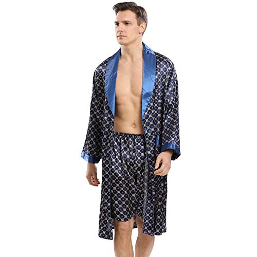 Haseil Conjunto de bata tipo kimono de lujo para hombre, con pantalones cortos, de satén de seda, ligera, de manga larga, Blue2, Large