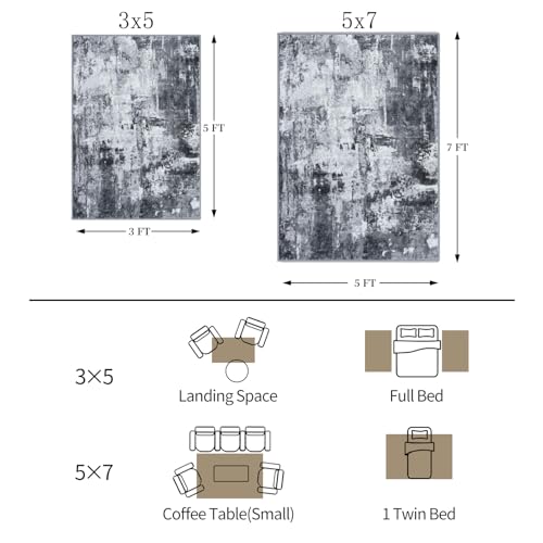 KOZYFLY Modern Abstract 3x5 Rug Gray Washable Rug Entry Rug, Soft Non-Slip Contemporary Nursery Mat Indoor Throw Kitchen Carpet with Soft Low Pile for Bedroom Office Living Room Bathroom Dorm