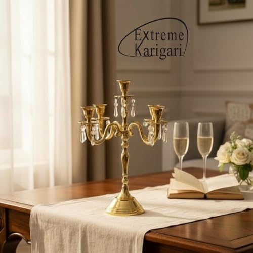 Image of Premium 16 Inch Golden Aluminum 5-Arm Candle Stand with Crystal Hangings | Luxury Centerpiece for Home Decor, Weddings, Festive Decoration & Dining Table