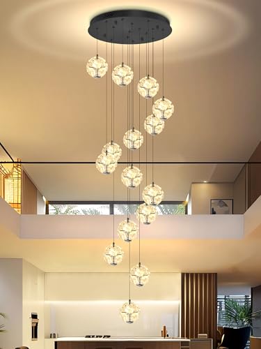 ykolupty Modern Crystal Globe Chandeliers 15-Lights Globe Pendant Lights Black Flush Mount Pendant Light Fixture High Ceiling Chandelier for Foyer Entryway Staircaes