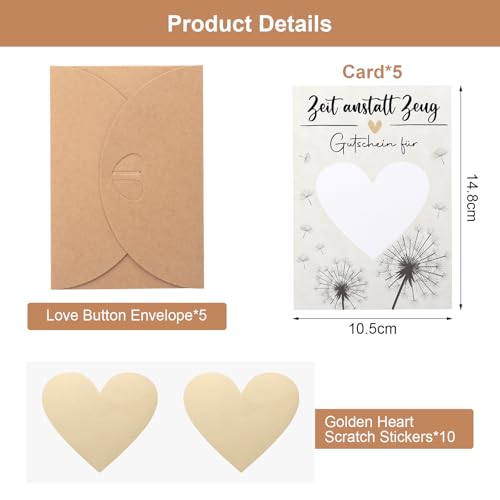 HENGBIRD Zeit statt Zeug Gutschein zum selber ausfüllen, Gutscheine zum selber ausfüllen, Gutscheinkarten zum Selbstausfüllen, Rubbelkarten zum selber beschriften, 5 Rubbel Gutschein mit 5 Umschlägen