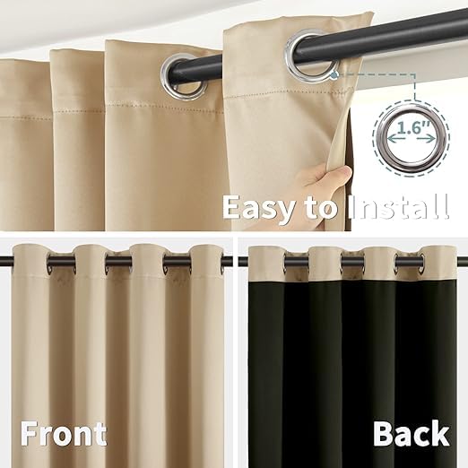 Image of BFAM 100% Blackout Curtains for Bedroom with Black Liner, Thermal Insulated Thick Double Layers Total Light Blocking Grommet Window Curtains 1 Panel