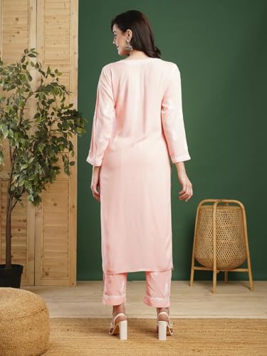 Image of BHARVITA Women's Cotton Blend Lucknowi Embroidered Chikankari Straight Kurta, with Pant Set