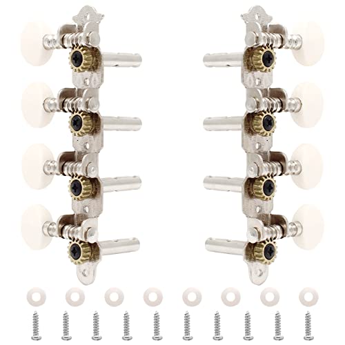 Jiozermi 2Pcs Guitar Tuning Pegs, 4L+4R String Tuning Pegs Keys Machine Heads for Mandolin and 8 String Guitars Instruments with Nickel Plated Finish and White Buttons