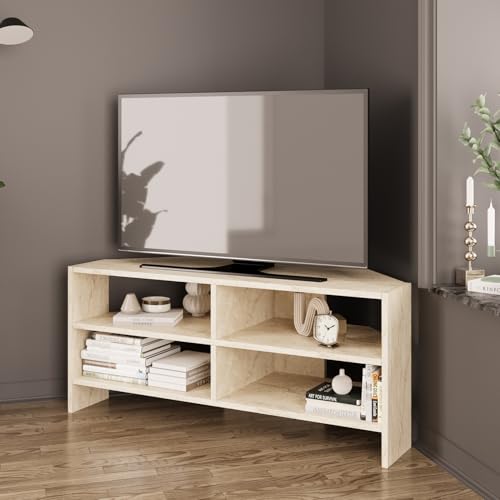 Bimossa Roy Corner TV Stand – Space-Saving TV Unit for 43–48'' TVs, Compact Media Console with Open Shelves & Cabinet, Ready to Assemble, (Travertine) - Image 3