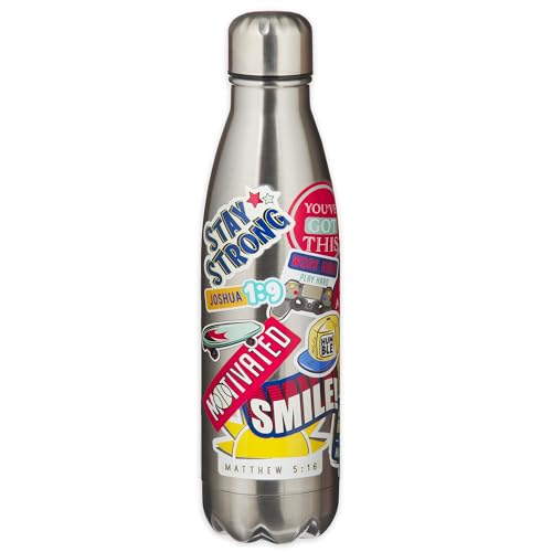Christian Art Gifts Stainless Steel Double Wall Vacuum Sealed Insulated Water Bottle for Kids: Stay Strong Colorful Inspirational Bible Verses, Boys & Girls, Leak/Spill-proof, Silver Multicolor, 17 oz