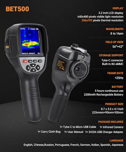 Image of Thermal Camera 640x480 Visual 256X192 IR Pixels Upgraded Thermal Imaging Camera Dual-Light Fusion,-4 to 1022F Handheld Thermal Imager,for HVAC Leak Detection,Car Maintenance
