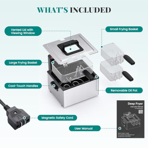 Image of OLIXIS Deep Fryer for Home Use, Large Electric Fryer with 3 Blankets, 5 Liter Capacity, 1800W Power, 4 Adjustable Temp, Lid with Viewing Window for Fried Chicken, Shrimp, French Fries, Silver