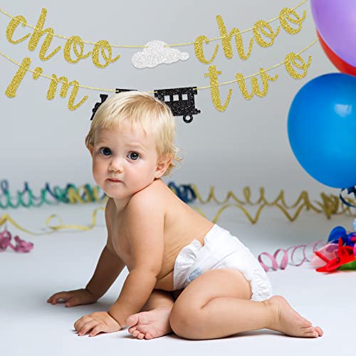 Choo Choo I'm Two Banner 2° Compleanno Decorazioni Per Feste A Tema Treno Decorazione Oro Glitter - 6