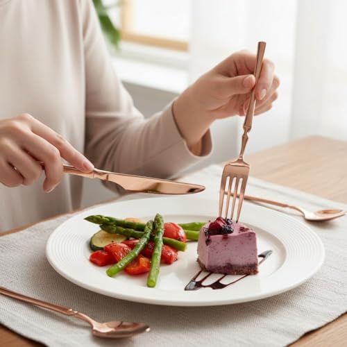 Image of 20 Pcs Rosegold Cutlery Set for Dining Table the Perfect Lightweight Silim Handle Tableware Including Dinner Spoon, Dinner Fork, Dinner Knife, Dessert Spoon & Dessert Fork