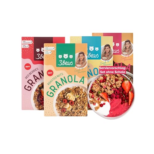 3Bears Granola Set | 4 knusprige & vegane Granolas mit Erdnüssen, Kakao, Mandeln, Haselnüssen, Erdbeeren, Johannisbeeren, Kokos, Zimt, 4x325g | Ohne Industriezucker | In Kooperation mit Sarah Harrison