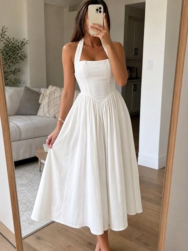 Image of Parthea Women's Floral Halter Corset Midi Dress 2026 Elegant Smocked Flowy Wedding Guest Dresses with Pockets