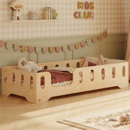 Smartwood Cama Infantil 80x160 - Cama Montessori De Madera Certificada Fsc, Con Barandilla De Protección Y Somier Resistente Hasta 230 Kg - Para Niño Y Niña - Montaje Fácil - Tila 2l