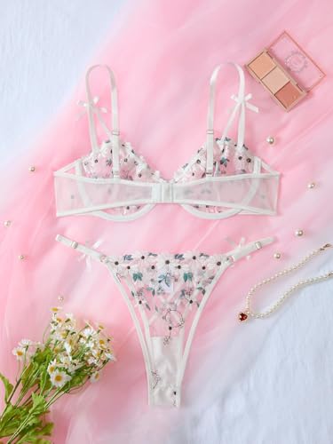 Image of Lilosy Sexy Underwire Cute Push Up Strappy Embroidered Mesh Sheer Lingerie Set See Through Panty Bra