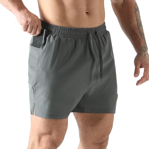 Image of Jupmov Men's Gym Running Shorts with Zipper Pocket 5 Inch Lightweight Stretch Athletic Workout Shorts(Dark Grey,L)