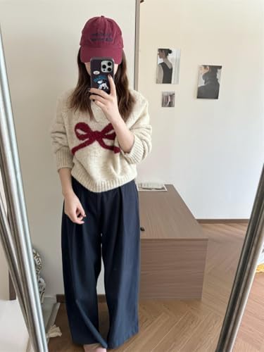 Image of Women's Y2K Bow Print Cropped Sweater Casual Loose Fit Pullover Tops Long Sleeve Crew Neck Chunky Knit Jumpers