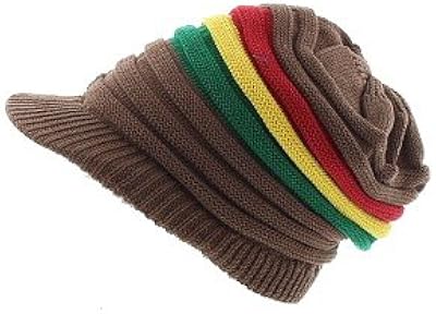 Milani Rasta Ribbed & Slouchy Short Brim Beanie Cap - Cotton and Stripes Brown