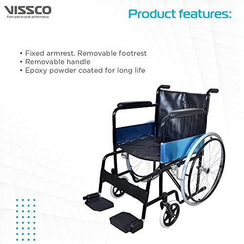Image of Vissco Rodeo Plus Wheelchair with Spoke Wheels, Foldable, Fixed Handle and Swingable Footrest, for Elderly and Patients, Weight Capacity 110kg, Durable and Travel-Friendly (Black)