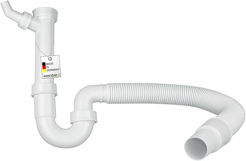 Keenberk - Siphon für Küchenspüle mit Flexiblem Ablaufschlauch - Flexibler Siphon mit Geräteanschluss - Röhrensiphon mit Geräteanschluss - 100% Wasserdicht - Made in Germany
