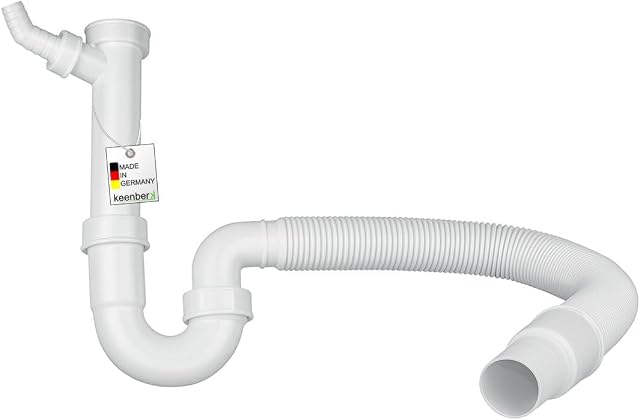 Keenberk - Siphon für Küchenspüle mit Flexiblem Ablaufschlauch - Flexibler Siphon mit Geräteanschluss - Röhrensiphon mit Geräteanschluss - 100% Wasserdicht - Made in Germany