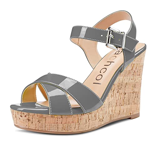 Aachcol Women Cork Wedge Sandals Slingback Ankle Strap Platform Open Toe High Heel Chunky Block Dress Shoes 4 Inch