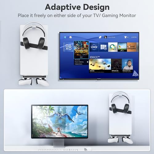 Soporte de Pared para PS5 Compatible con Consolas P5/Slim/Pro, Soporte Vertical para PS5 para Base Mando P5, Kit de Montaje en Pared para PlayStation 5 Accesorios con Gancho Auriculares, Blanco - imagen 6