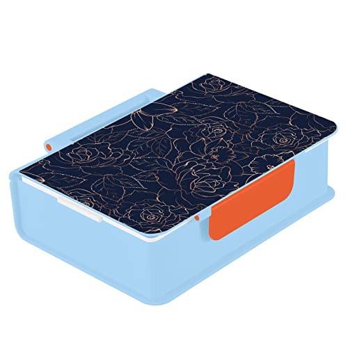 Copper-gold Shiny Outline Rose Peony Flowers Leaves on Navy Blue Blue Bento Lunch Box, ABS PP Silicone BPA Free Container Microwave and Dishwasher Safe, Leak-Proof Holder Tote Bag Handbag