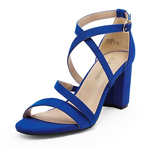 DREAM PAIRS Women’s Ankle Strap Dress Pump Low Chunky Heel Sandals 5 Royal/Blue/Suede