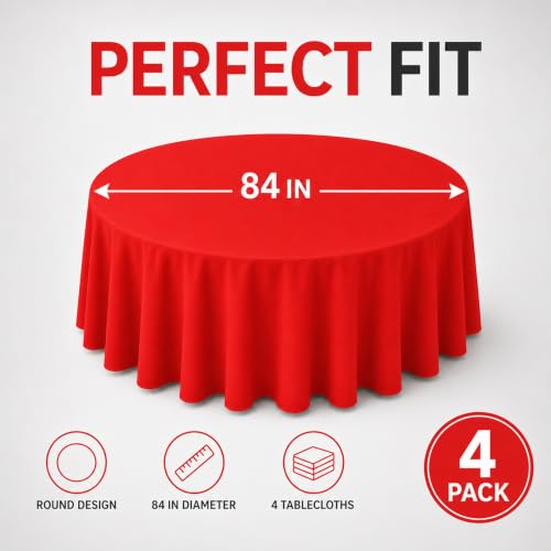 Image of WNINK 4 Pack Red Round Tablecloth, 84 Inch Disposable Plastic Table Covers, Red Round Table Cover for Birthday Parties, Holiday, Picnic, BBQ, Family Gathering Party Supplies