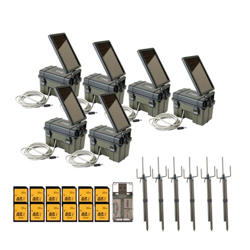Stealth Cam HME Trail Camera 12V with Solar Auxiliary Power Pack (6-Pack) Bundle with Trail Camera Mount Stick (6-Pack), 32GB Memory Card (12-Pack), and USB 2.0 Card Reader (25 Items)