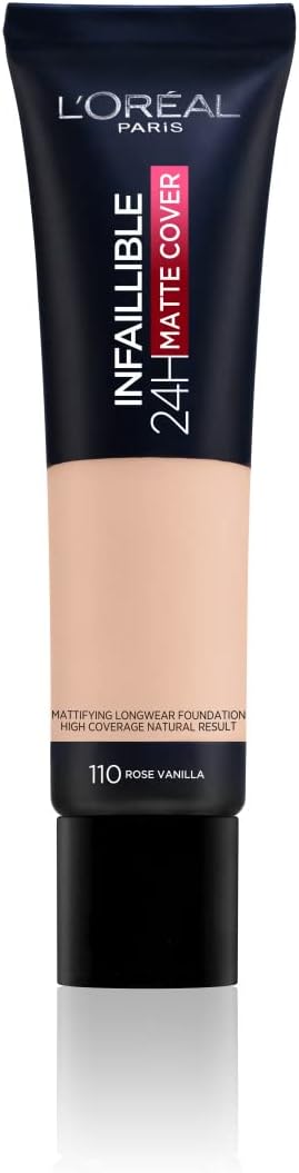 L’Oréal Paris Infaillible 32H Matte Cover Foundation with 4% Niacinamide, Full Matte Coverage, Long Lasting, Transfer proof with Oil Control & SPF 25 - Shade 110, Rose Vanilla, 30 ml
