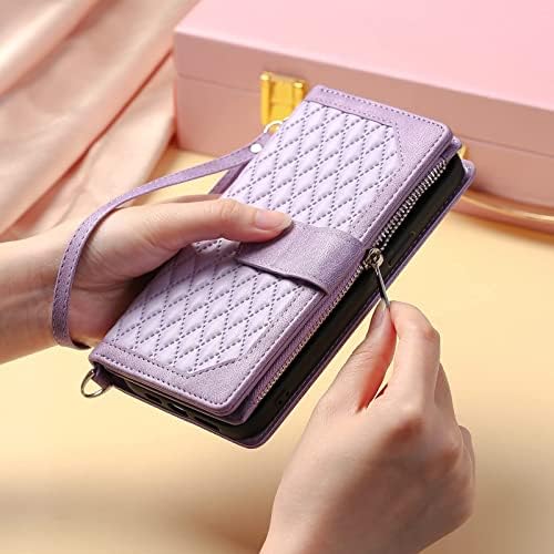 Samsung A53 5G Phone Case Zipper Pocket Flip Shockproof Leather Folio Wallet Case with 6 Card Holder Slots Stand Silicone Bumper Zip Cover for Samsung Galaxy A53 5G Case Girls Women, Purple