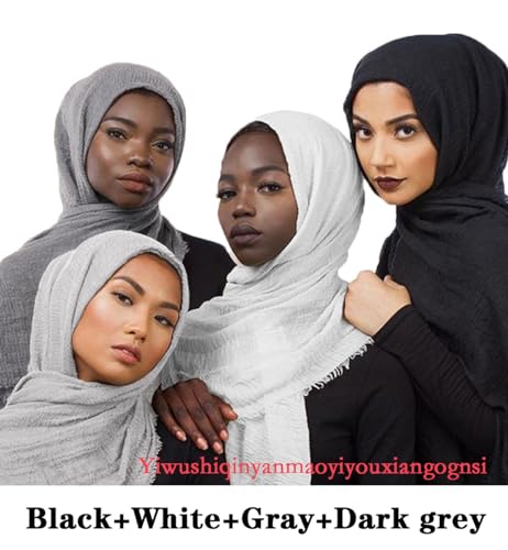 QYMY 4pcs Set Hijab Muslim Head Scarf Solid Color Long Scarf Wrap Scarves Cotton Scarf for Women Fashion L70.7*W35.4 inch QY414 (Black+White+Gray+Dark grey(4pcs set))Medium4
