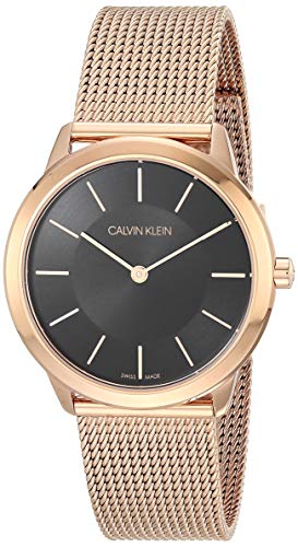 Calvin Klein Midsize Minimal Unisex Rose Gold PVD Mesh Bracelet with Black Dial Watch (Model: K3M2262Y)