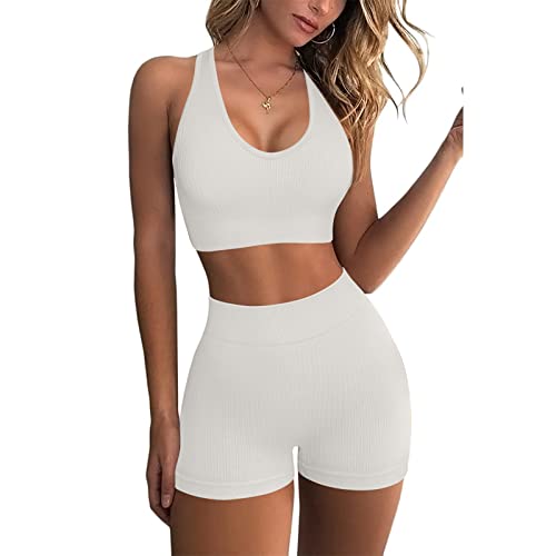 Damen-Fitnessstudio-Set, hohe Taille, gerippt, Yoga-Shorts, nahtlos, Sport-BH, Workout, Outftis, Activewear Set, weiß, Small Cover