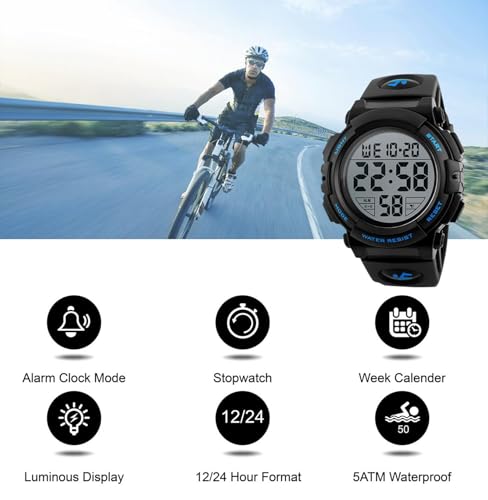 UEOTO Herren Digital Armbanduhr mit Schwarz Silikon Armband Uhr Wasserdicht 5 ATM Digitaluhr Sportuhren mit Wecker/Alarm/Kalender/Stoppuhr/Leuchtend Digital Armbanduhren für Herren