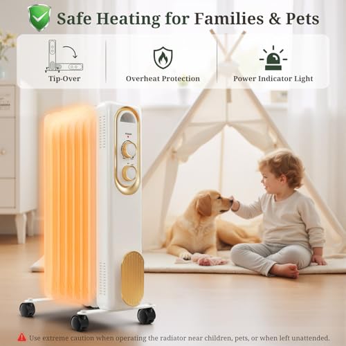 Oil Filled Radiator Heater for Indoor Use, Portable Large Room Radiant Space Heater 1500W with 3 Heat Settings Overheat & Tip-Over Protection, 11.8\"D x 4.9\"W x 22.8\"H, White