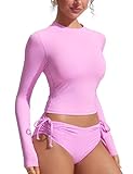 CRZ YOGA UPF 50+ Cropped Rash Guard Shirts for Women - Long Sleeve UV Sun Protection Swim Rashguard Tops Vita Pink Small