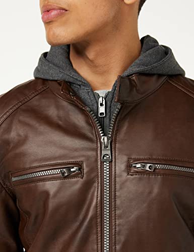 Guess Men's Faux Leather Hooded Moto Jacket, Brown, Small #TOP2