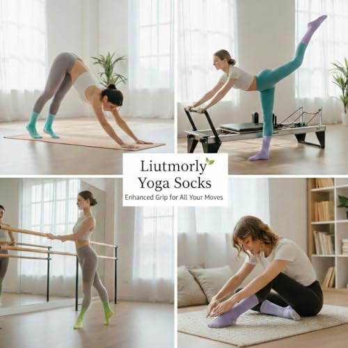 Liutmorly 3 Pack Non Slip Pilates Grip Socks for Women, Breathable Sticky Grip Yoga & Barre Socks for Reformer Machine, Wide-Foot Friendly Crew Slipper Alternative for Barefoot Home Gym Workouts — view 6