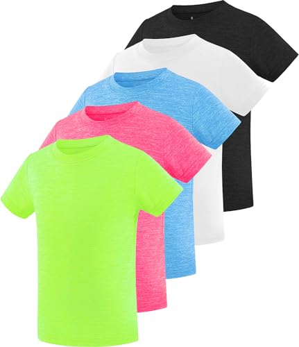 Star Vibe 5 Pack Girl's Athletic Shirts Short Sleeve Dry-Fit Crew Neck Performance T-Shirt Moisture Wicking Activewear Tops for Kids Teens Black/White/Blue/Rose/Fluorescent Green S