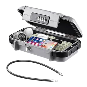 Portable Safe Box with Code, [Waterproof & Anti-Theft]Travel Safe, Combination Security Case Lock Box with Removable Wire Rope, for Beach, Cars, Office, Vacation (Grey)