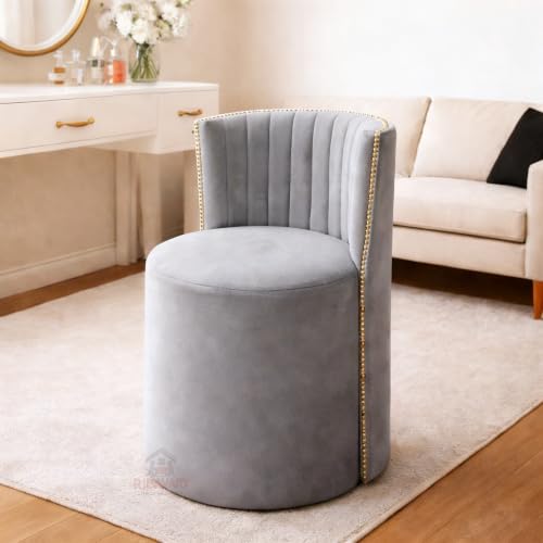 Image of Luxury Velvet Ottoman Chair Pouffe Stool-Modern Round Soft-Padded Chair for Dining Room, Living Room /Cafeteria Seating /Bedroom and Dressing Area /Ottoman with Backrest (Grey.)