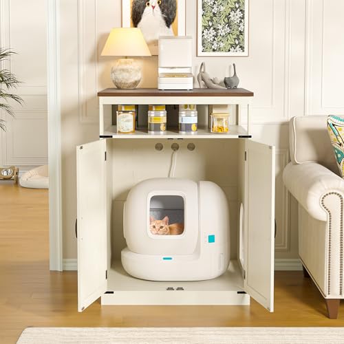 Halitaa Large Litter Box Furniture with Charging Station and Shelves, Wooden Cat Litter Box Enclosure for Self-Cleaning Litter Boxes, White